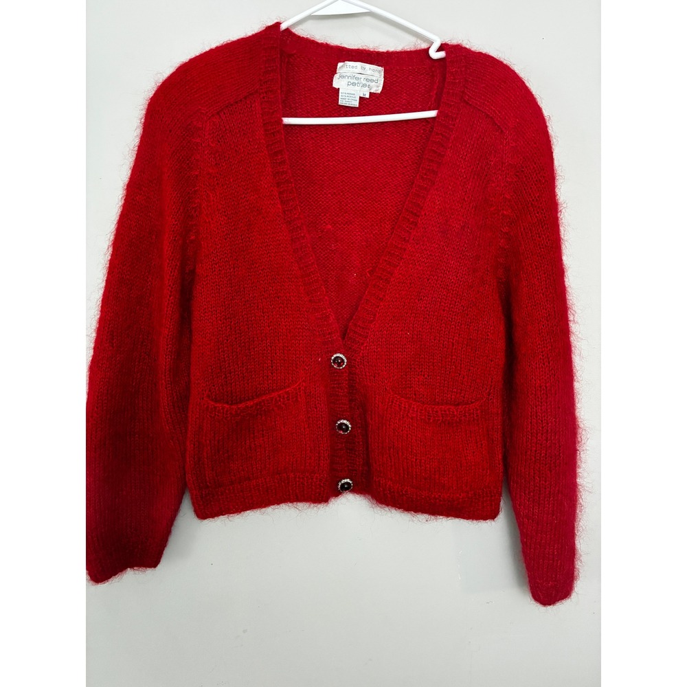 Jennifer Reed Petite Cardigan Women M Red Vintage Mohair Blend Hand Knit Cropped